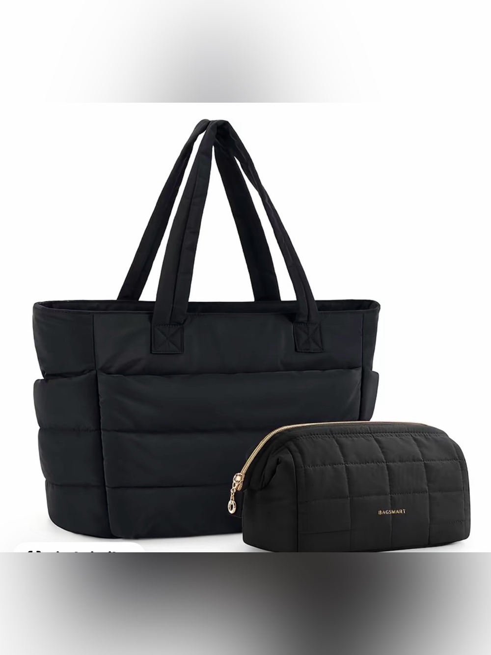 BagSmart Quilted Black Tote Bag with Cosmetic Pouch